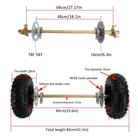 29 Inch Rear Axle Assembly Complete Wheel Hub Kit for Go Kart Quad Trike Drift Bikes with hub bearings and tires shown