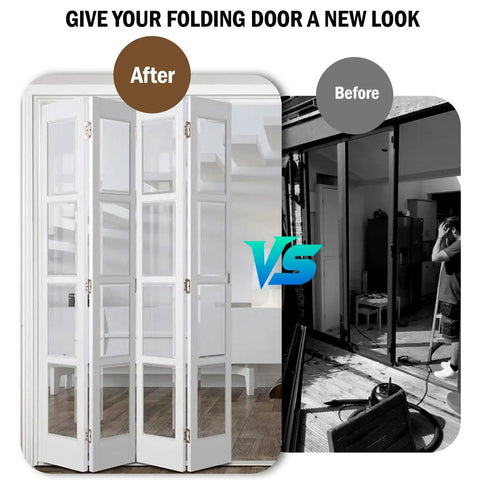 Comparison of bifold doors before and after installation of No Cap Heavy Duty Bifold Door Repair Kit For Closet Sliders Slick Rollers And Smooth Tracks Zero Hassle Installation Quick Fix Top Shelf Standard Hardware Parts.