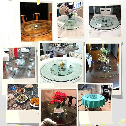 Collage of Tempered Glass Lazy Susan Turntable for Round Dining Tables, 360 Degree Rotating Serving Tray in various settings