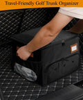 2 Layer Golf Trunk Organizer With 2 Shoe Compartments, Waterproof Golf Gear Storage Organizer in black car trunk