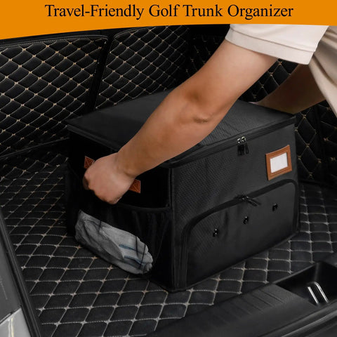 2 Layer Golf Trunk Organizer With 2 Shoe Compartments, Waterproof Golf Gear Storage Organizer in black car trunk