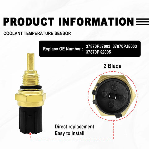 Coolant temperature sensor with brass body and black plastic connector; 2-pin plug, direct replacement for Honda/Acura/Isuzu