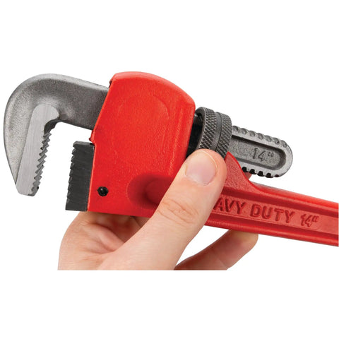 Close-up of Heavy Duty Adjustable Pipe Wrench Set Including 8, 10, 14, And 24 Inch Wrenches For Plumbing and Heavy Busting Jobs, showing 14-inch wrench.