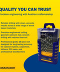 Brad Point Wood Drill Bit Set in Chrome Vanadium, 29 Piece displayed in packaging on yellow background showcasing professional features.