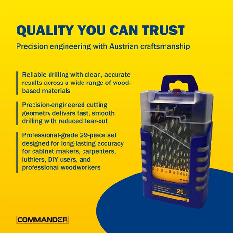 Brad Point Wood Drill Bit Set in Chrome Vanadium, 29 Piece displayed in packaging on yellow background showcasing professional features.