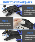 Steps for changing jaws on Ratcheting Wire Crimping Tool Kit With Four Interchangeable Dies For Heat Shrink Connectors Ferrules