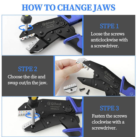 Steps for changing jaws on Ratcheting Wire Crimping Tool Kit With Four Interchangeable Dies For Heat Shrink Connectors Ferrules