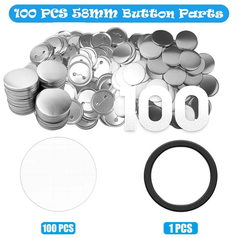 Dope 58mm Button Maker Kit components, including 100 bottom shells and tinplate top covers, for DIY badges and keychains.