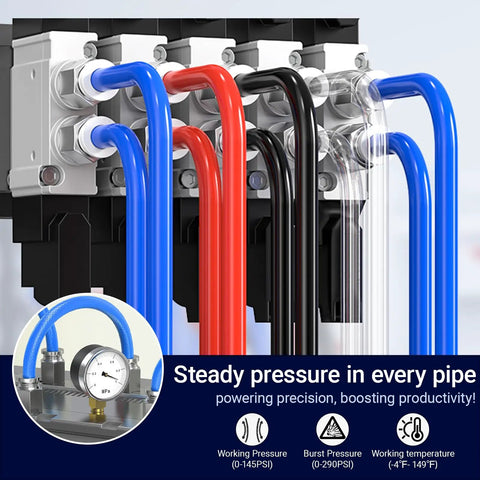 Steady pressure with 1/4 inch OD polyurethane PU pneumatic air hose tubing kit 32.8 feet 10 meter 25 pack with fittings installed