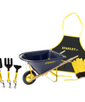 Six Piece Kid Friendly Wheelbarrow And Garden Tool Set With Apron And Gloves For Backyard Play displayed on white background