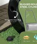 Close-up of heavy duty lawn roller with adjustable weight system, 10-gallon capacity; fill with sand or water, black powder coated steel.