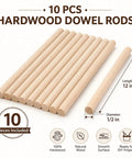 10 Pack Heavy Duty Wood Dowel Rods 1/2 X 12 Inch Solid Hardwood Sticks arranged on a white background with smooth surface.