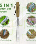5 In 1 Garden Weed Trowel With Serrated Edges And Measuring Scale Stainless Steel Multi Tool for Planting, Digging, Weeding, Ergonomic Grip