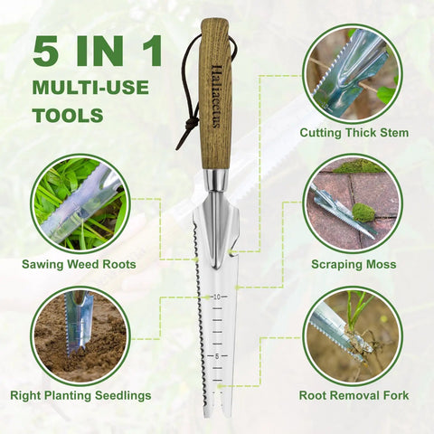5 In 1 Garden Weed Trowel With Serrated Edges And Measuring Scale Stainless Steel Multi Tool for Planting, Digging, Weeding, Ergonomic Grip