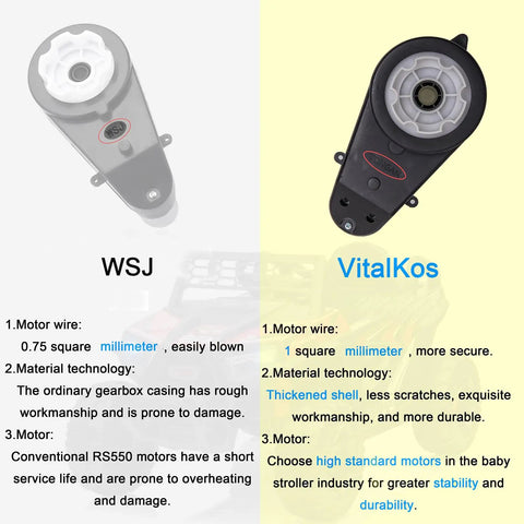 Comparison of WSJ and VitalKos gearboxes for 2 Pack RS550 High Speed Gearbox For 12V Power Wheels Upgrade Kit, 40000 RPM