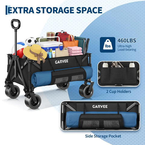 Foldable Utility Wagon Totes Heavy Haul Up To 460 Lbs With 280L Cargo Space loaded with sports and picnic items, all-terrain wheels