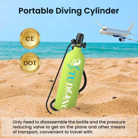 Portable diving cylinder with CE and DOT certification on sandy beach with airplane, One Point Nine Liter Mini Scuba Tank For Adults Portable Underwater Breathing Cylinder Great For Snorkeling And Beginner Dives Reusable Aluminum Tank With Regulator Compatibility For Safe Easy Air On Your Adventures.