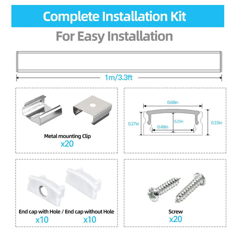 Ultra Sleek U Channel LED Aluminum Channel System With Milky Diffuser Cover, mounting clips, end caps, screws, and 1m 3.3ft length image