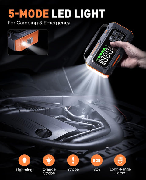 5-mode LED light of 16-In-1 8000A Car Jump Starter With Air Compressor 160 PSI illuminating car engine.