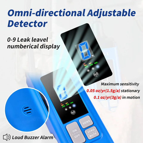 Front view of WISSCOOL HVAC leak detector for halogen gas leakage, blue handheld unit with LCD display