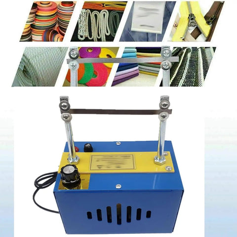 Electric Hot Knife Benchtop Cutter With 105 mm Cutting Width 900 Degree Celsius Blade Temperature 4 Stage Adjustable Control Perfect For Fabric Nylon Webbing Belts Ribbon Braids Canvas And Rope Projects shown on blue tabletop