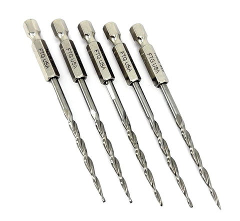 Five Piece Parabolic Flute Drill Bit Set for Wood in Nine Sixty Four Inch Size, Includes Number Six Tapered Countersink Bits