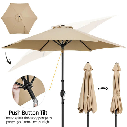 9Ft Outdoor Patio Umbrella With Heavy Duty Base Included Push Button Tilt And Crank UV Protected Waterproof Canopy Ideal For Backyard Hangouts And Patio Dining Weddings And Outdoor Parties In Tan