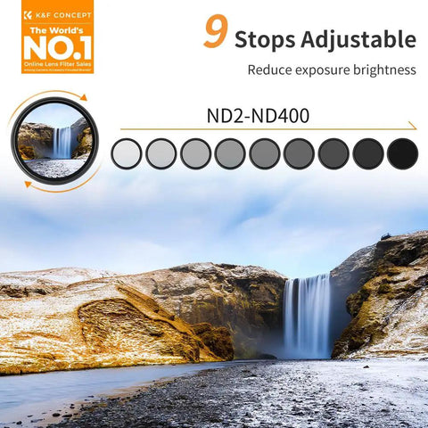 9 stops adjustable filter showcasing 67mm Variable ND Filter 1 to 9 Stops for Camera Lens Dope ND2 to ND400 Adjustable Neutral Density With Microfiber Cleaning Cloth B Series for Crystal Clear Shots, applied on a waterfall landscape.