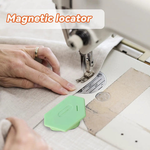 Green Upgraded Magnetic Seam Guide for Sewing Machines with Polygonal Design, placed next to fabric on a sewing machine.