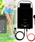 Propane Portable Instant Water Heater Features Digital Display And Delivers Wicked Warm Flow For Outdoor Adventures Like Camping Or Rv Living Built With Six In One Safety Tech So You Can Chill Without Worries About Scalding Or Leaks, shown with user and connections.