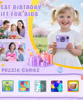 Child holding Kids Camera With Instant Print And Flip Lens, 1080P HD Video, in a promotional image with birthday gift theme.