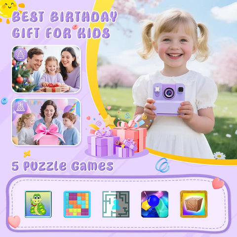 Child holding Kids Camera With Instant Print And Flip Lens, 1080P HD Video, in a promotional image with birthday gift theme.
