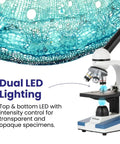 Student Biological Compound Microscope With Cordless LED Illumination, showing dual LED lighting and a specimen slide.
