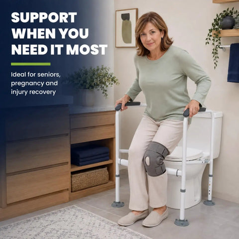 Rock Solid Toilet Safety Rail For Seniors With Heavy Duty Adjustable Steel Frame And A Darn Sure 330 Pound Capacity For Easy Bathroom Transfers And Dependable Home Support. Woman using toilet safety rail.