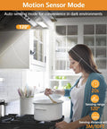 Woman cooking with Two Pack Under Cabinet Lights With 60 LED Dimmable Motion Sensor USB Rechargeable Magnetic Mount active in kitchen
