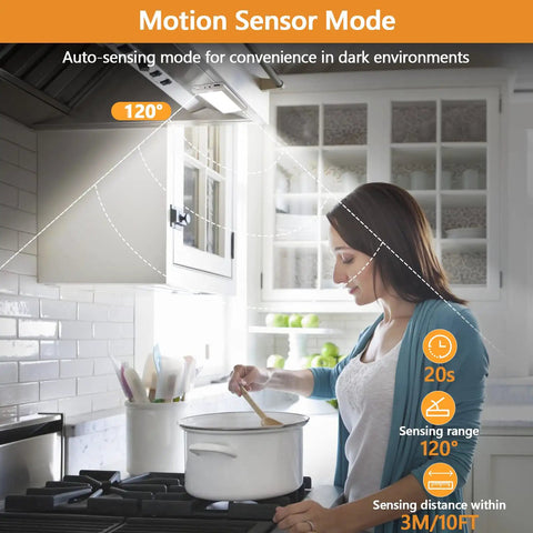 Woman cooking with Two Pack Under Cabinet Lights With 60 LED Dimmable Motion Sensor USB Rechargeable Magnetic Mount active in kitchen