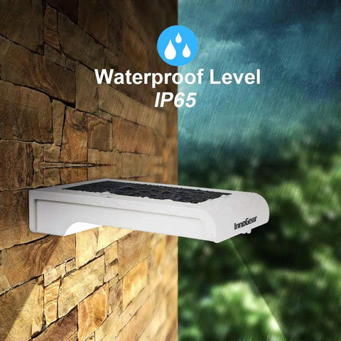 Lit Outdoor Solar Motion Sensor Wall Lights With 24 LEDs, 150 Lumens Ultra Bright Security Lighting For Yard Driveway Porch Patio IP65 Waterproof, Wall Mount, on brick wall in rain, showcasing IP65 waterproof level.