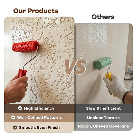 Comparison image of Heavy Duty Texture Paint Roller With Ultra Soft Rubber Face For Killer Wall Art and Badass Accent Panels in use.