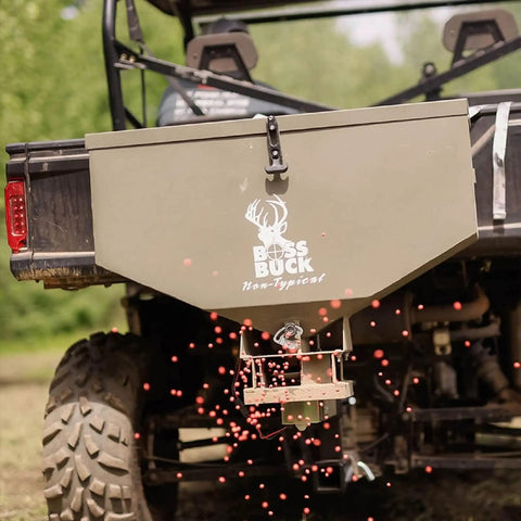 ATV Broadcast Spreader With Wireless Control And Adjustable Flow 80 Lb Capacity 2Inch Receiver Hitch Spreads Feed Seed Salt Fertilizer