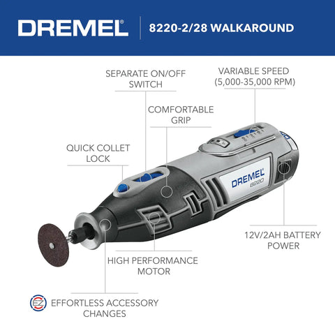 12 Volt Max Cordless Rotary Tool Kit With Battery And Carrying Case shown with accessory attachment and features labeled