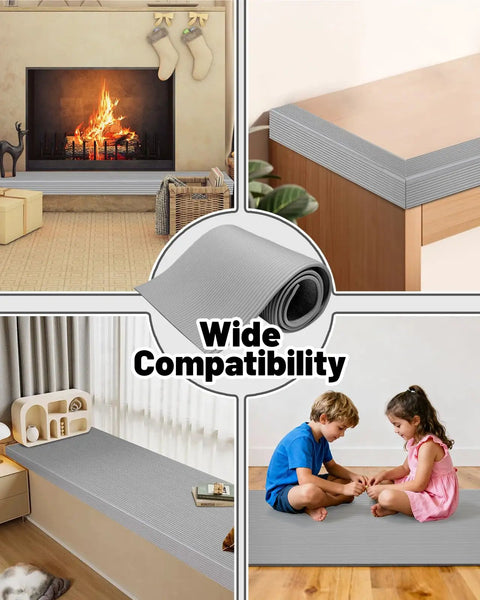 High Density NBR Foam Fireplace Hearth Pad For Straight Up Baby Proofing And Toddler Safety With Strong Adhesive Backing on various surfaces.