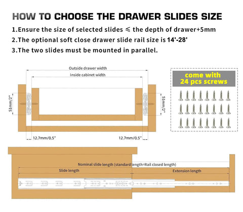 Diagram for Heavy Duty 24 Inch Drawer Slides Full Extension Soft Close Ball Bearing Side Mount Runners For Cabinets And Tool Boxes 200 Lb Capacity with screws.