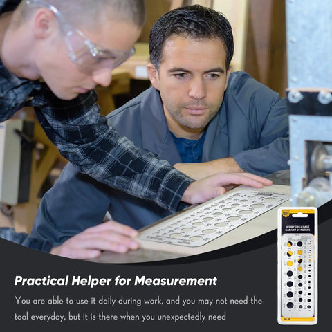 Two people using a 29-hole stainless steel drill gauge for inches, fractions, decimals in a workshop. Focus on tool measurement.