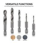 Stubby Drill Bit Set For Metal, Five Piece One Quarter Inch Quick Change Hex Shank, M2 High Speed Steel shown with versatile functions