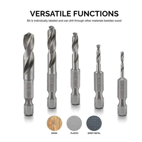 Stubby Drill Bit Set For Metal, Five Piece One Quarter Inch Quick Change Hex Shank, M2 High Speed Steel shown with versatile functions