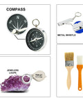 Geology Rock Pick Hammer Kit with compass, metal whistle, jewelers loupe, and brushes for rock hounding gear set
