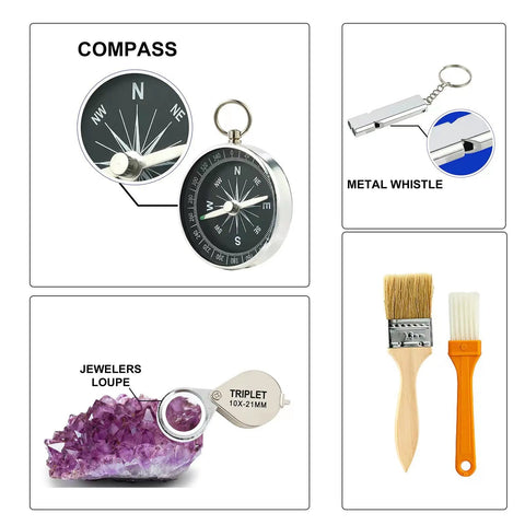 Geology Rock Pick Hammer Kit with compass, metal whistle, jewelers loupe, and brushes for rock hounding gear set