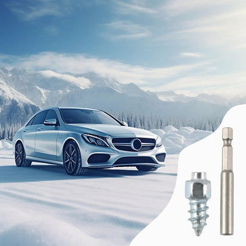 Kickass Heavy Duty Tire Spikes For Truck Tires Tungsten Steel Screw In Anti Ice Studs Providing Legit Winter Traction On Cold Slippery Roads Today with snowy car backdrop.