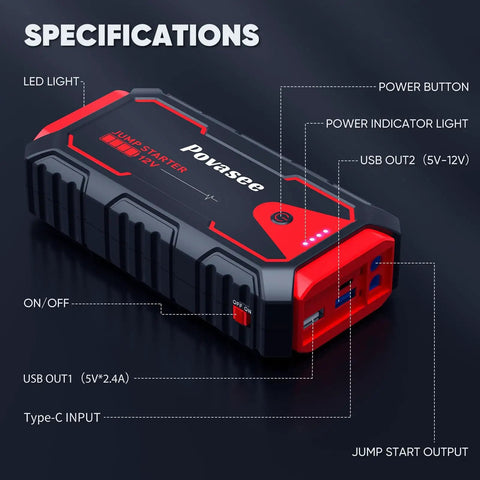 5000A Car Jump Starter A30 12V Jump Box Portable Power Bank With Dual Outputs LED Light For 10L Gas Or 8L Diesel Engines