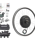 Beefed Up 750W Front Wheel Ebike Conversion Kit With 36V Battery For 20 To 24 Inch Bikes Includes 3 Mode Controller PAS LCD Display And Twist Throttle, showing wheel and accessories